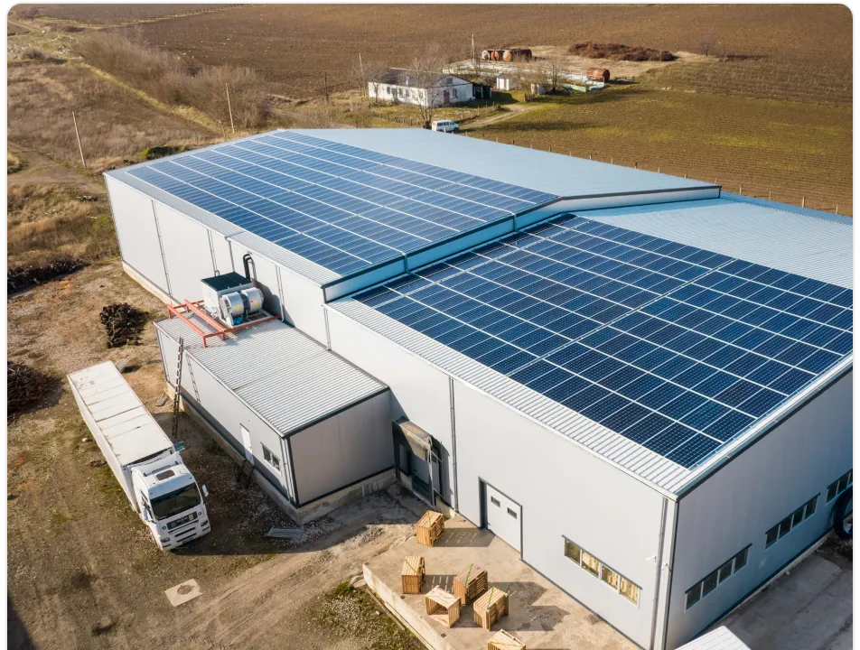 Commercial warehouse with solar panels installed on the roof